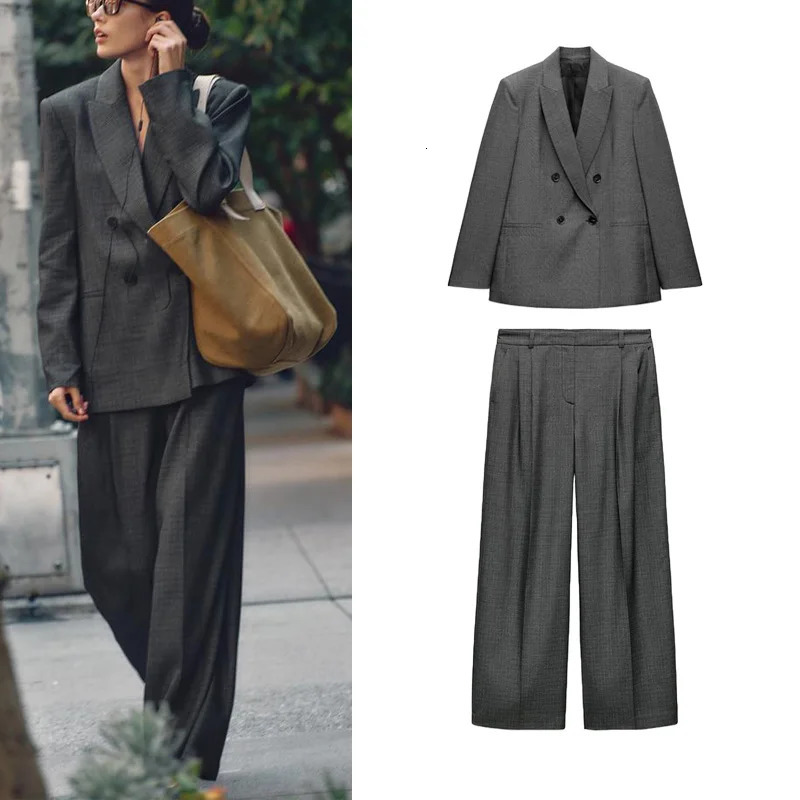 Spring Womens Trousers with oulder Pads Double Breasted Suit Jaet Long Sve Polyester Fiber Faionable Two Piece Set 260610