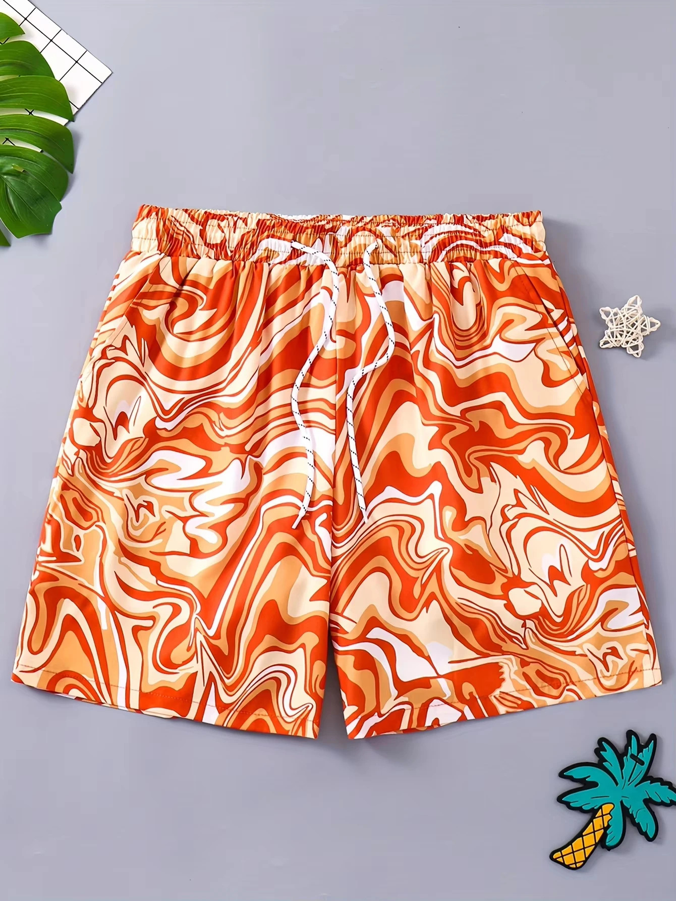2026 Orange Liquid Marble Beach Shorts 3D Print Quick Dry Swim Trunks for Men Y2K Oversized Cas 260612