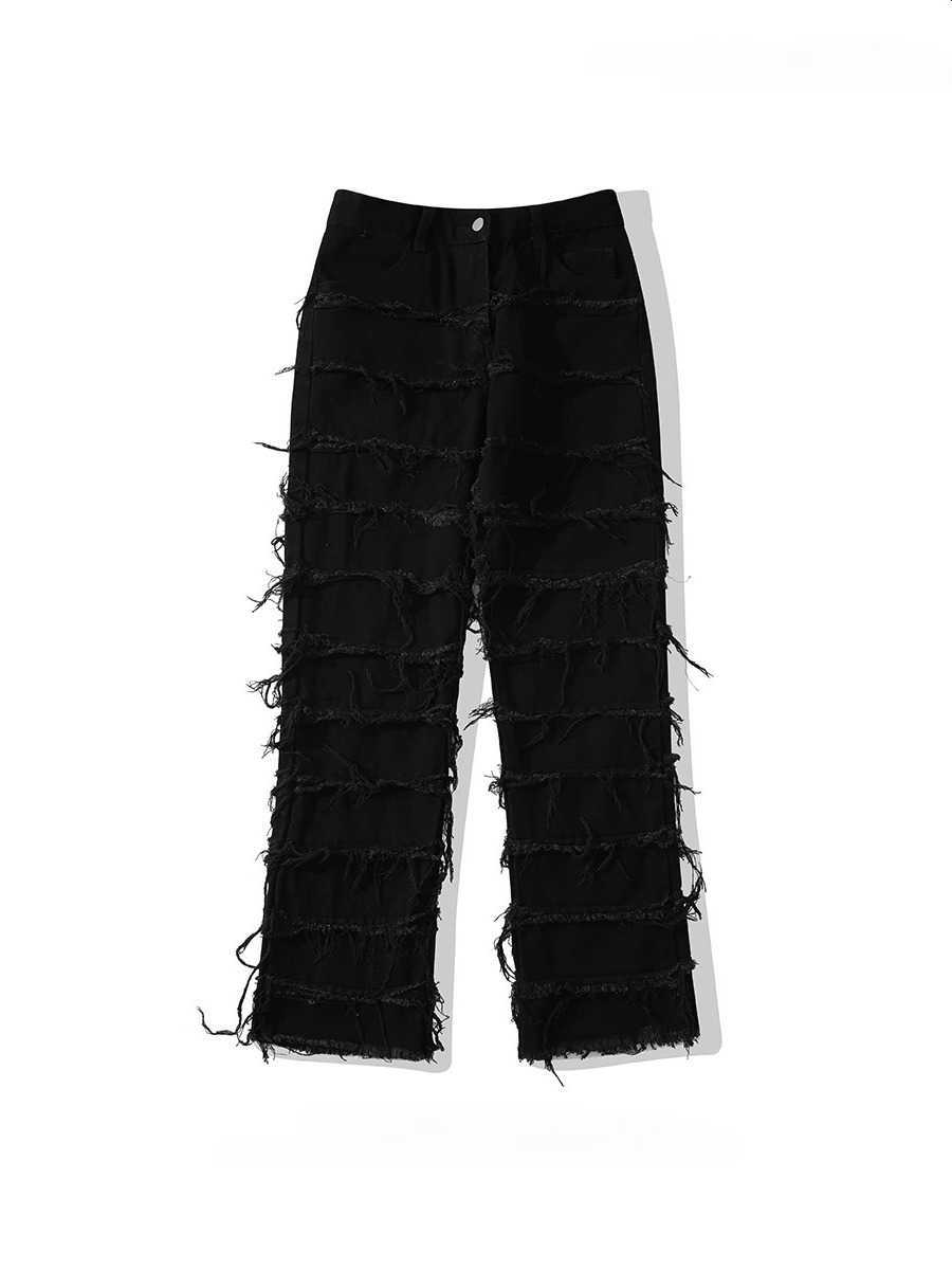 Striped Mens Raw Edges Micro-flared Denim Trousers Strt Handsome Loose Casual Versatile Hip Hop Jeans S260612