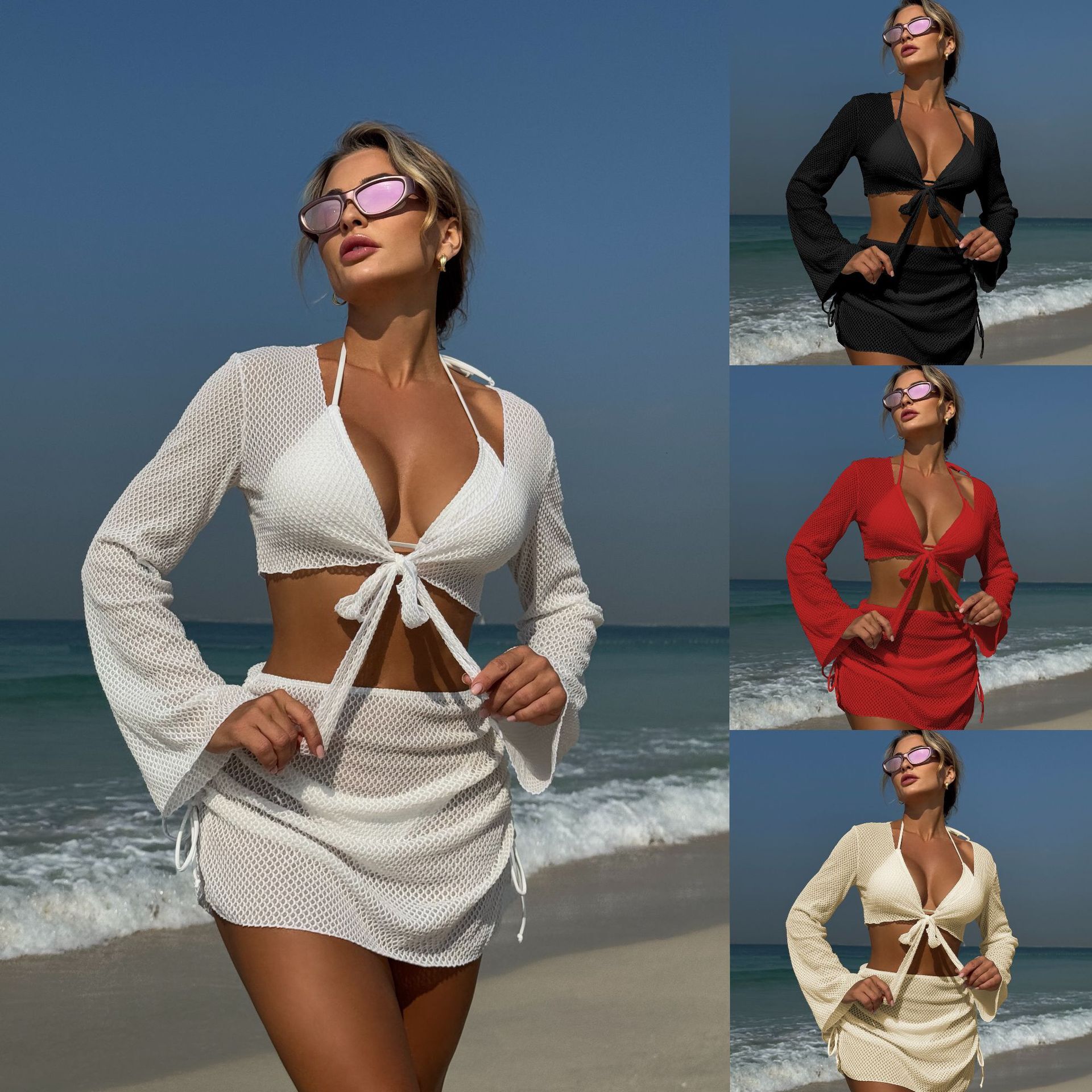 Free shipping 2026 Solid Color Sexy Summer New Beach Vacation Ins Style Four-Piece Swimsuit Set