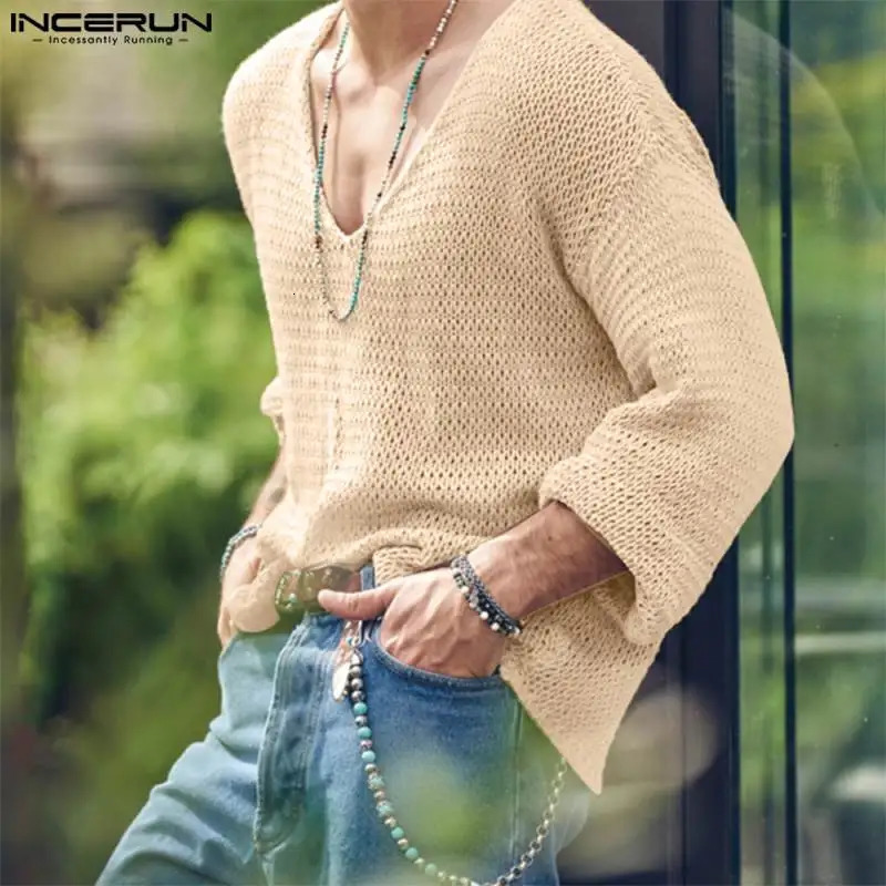 INCERUN Men T Shirt Solid Color Knitted V Neck Long Sleeve Casual Men Clothing Streetwear Hollow Out Loose Camisetas S-5XL 260612