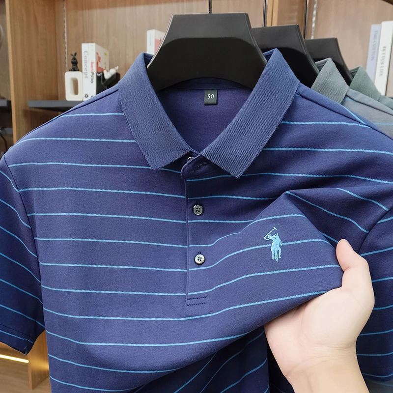 2026 Summer Pure Cotton Short Sleeved Business Polo Shirt Mens Lapel Breathable Casual Versatile Top Striped Tshirt 260612