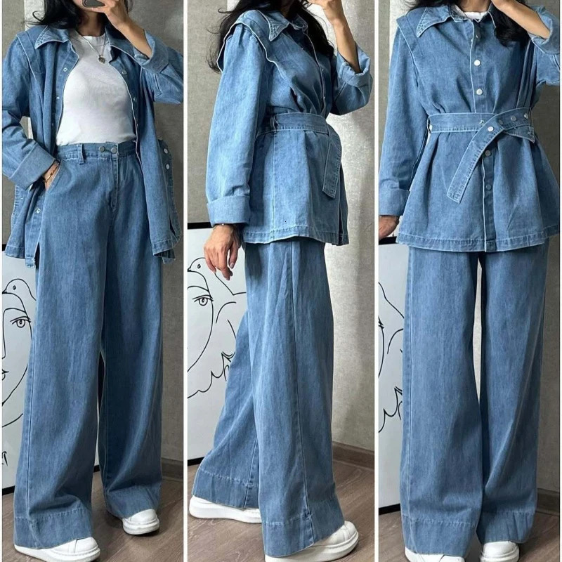 Denim Pant Set Women Two Piece Sets Turn Down Collar Mom Jeans High Waist Belt Tops Wide Leg Long Pants High Waist Matching Sets 260608