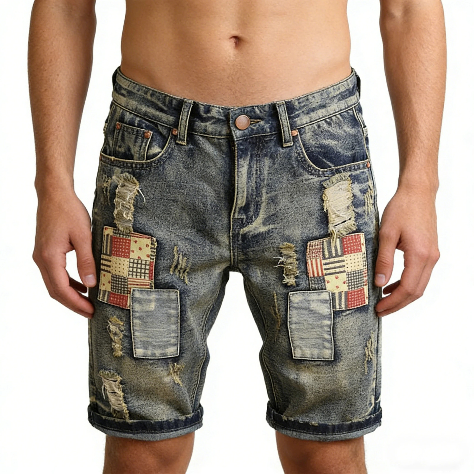 2026 style mens summer casual fashion vintage washed denim shorts trendy ripped patchwork easymatching short 260611