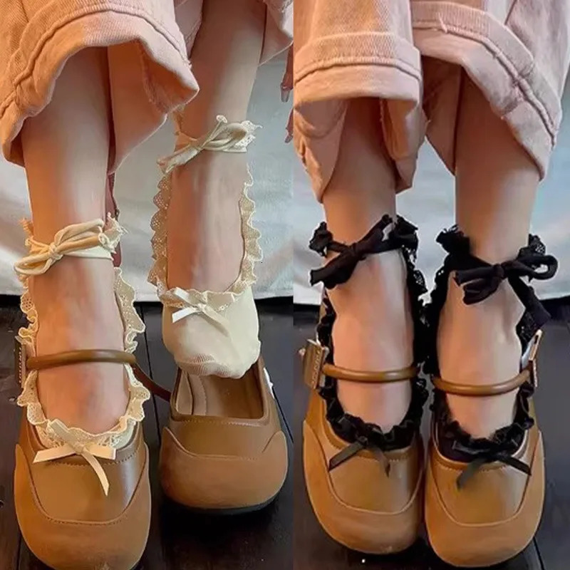 Sweet Lolita Ballet Style Women Lace Tied Bow Short Socks DIY Ripped Tie Straps Boat Sock Bowknot Japanese Kawaii Dance Socks 260611