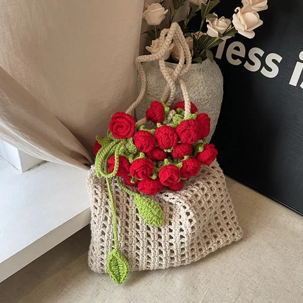 Bohemian Rose Bouquet Weave Bag Cotton Rope Crochet Knitted Flower Shoulder Bag Storage Bag Hollow Out Rose Beach Bucket Bag 260610