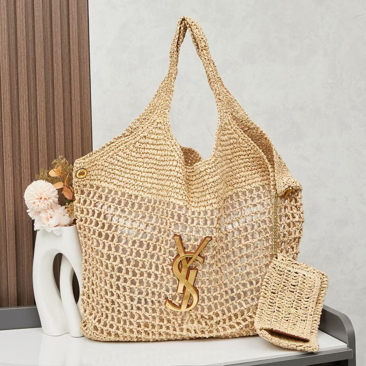Women's Raffia Woven Tote Bag Large Capacity Summer Beach Shoulder Bag with Small Pouch AA