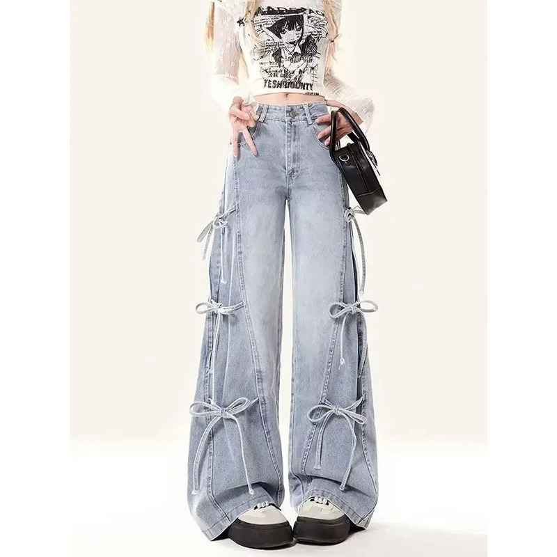 MEXZT Y2K 2000S Jeans Women Vintage Streetwear Bow Bandage Wide Leg Denim Pants Harajuku Korean Baggy Casual Straight Trousers 260611