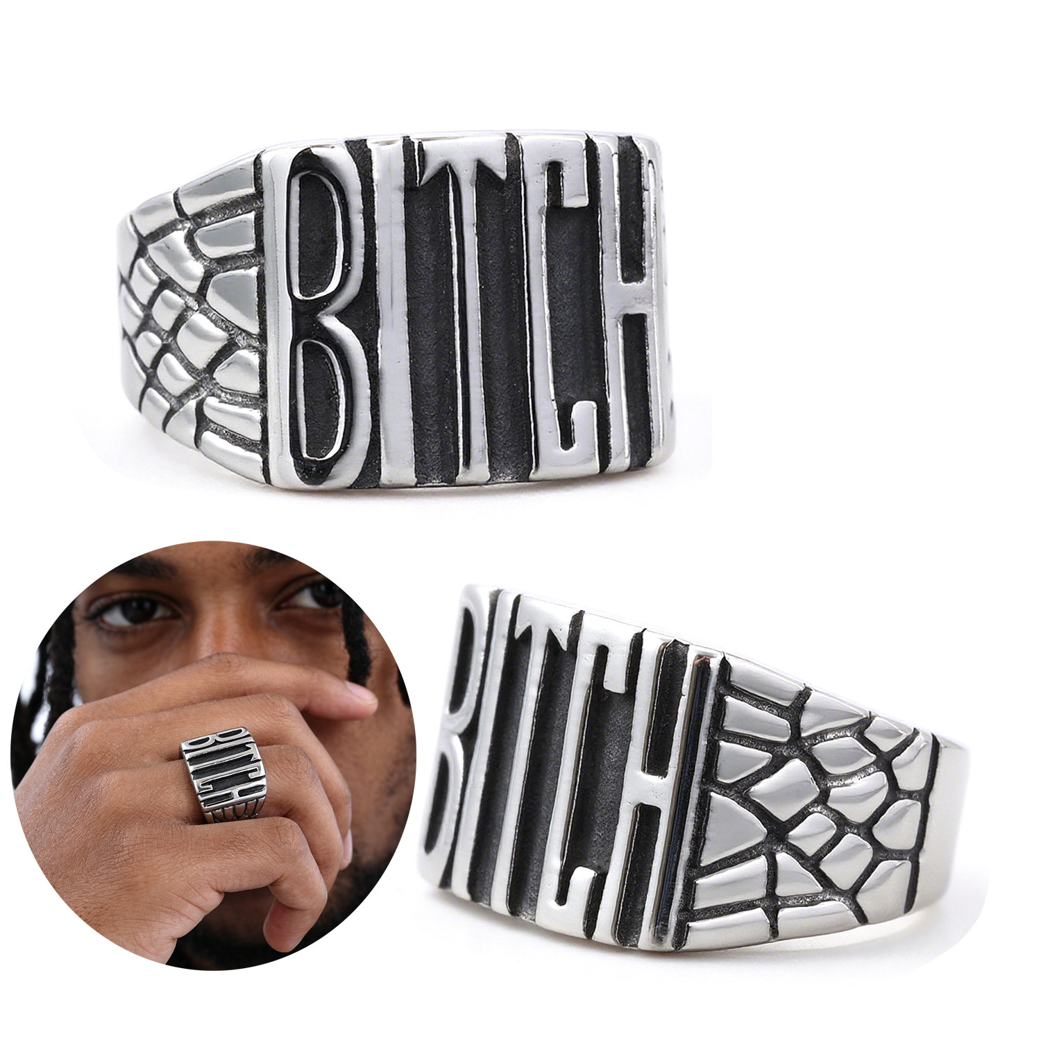 High quality Bestseller in Europe and America: Punk Motorcycle Style Men's English Word Series Stainless Steel Ring