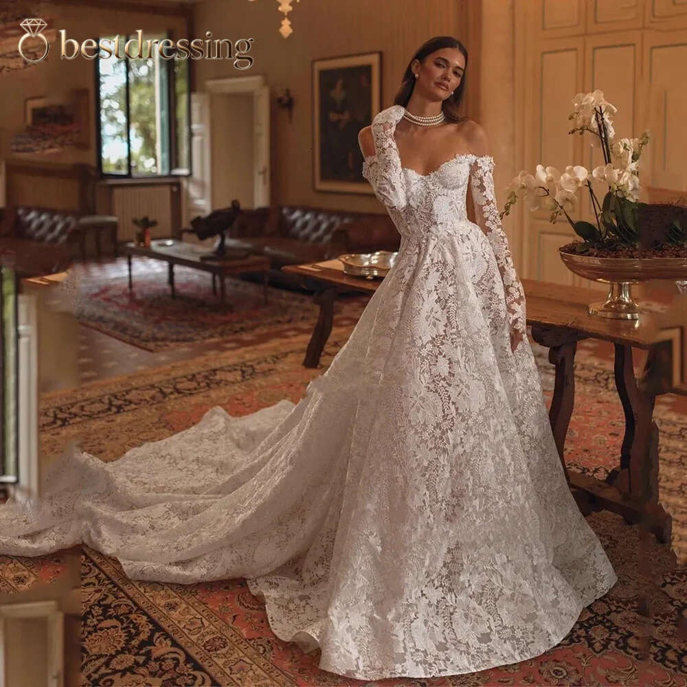 Boho A Line Wedding Dresses Off Shoulder Long Sleeves Beach Bridal Gowns Court Train Back Lace Up 2025 Gorgeous Garden Bride Dress Bd612