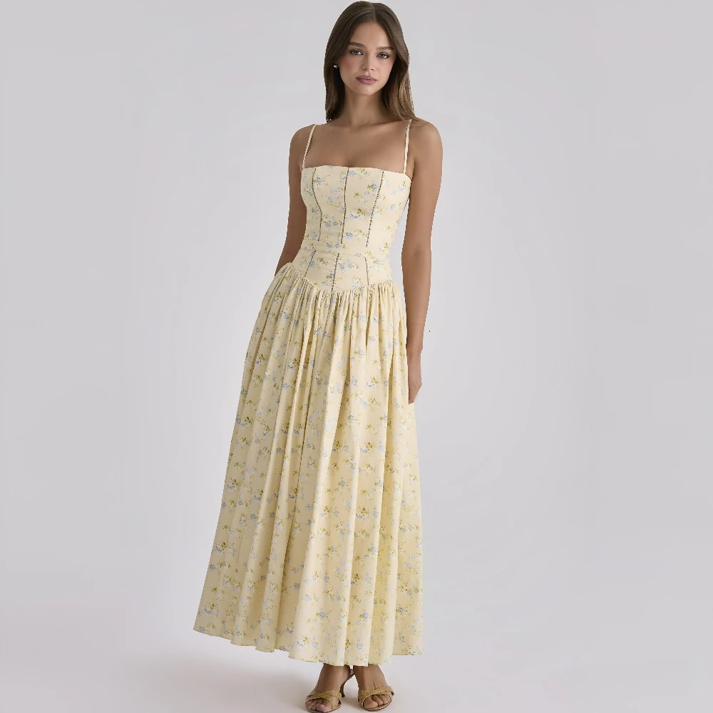 Suninbox Summer Floral Print Spaghetti Strap Maxi Dress Women Elegant Vintage Holiday Party Beach Wear 260611