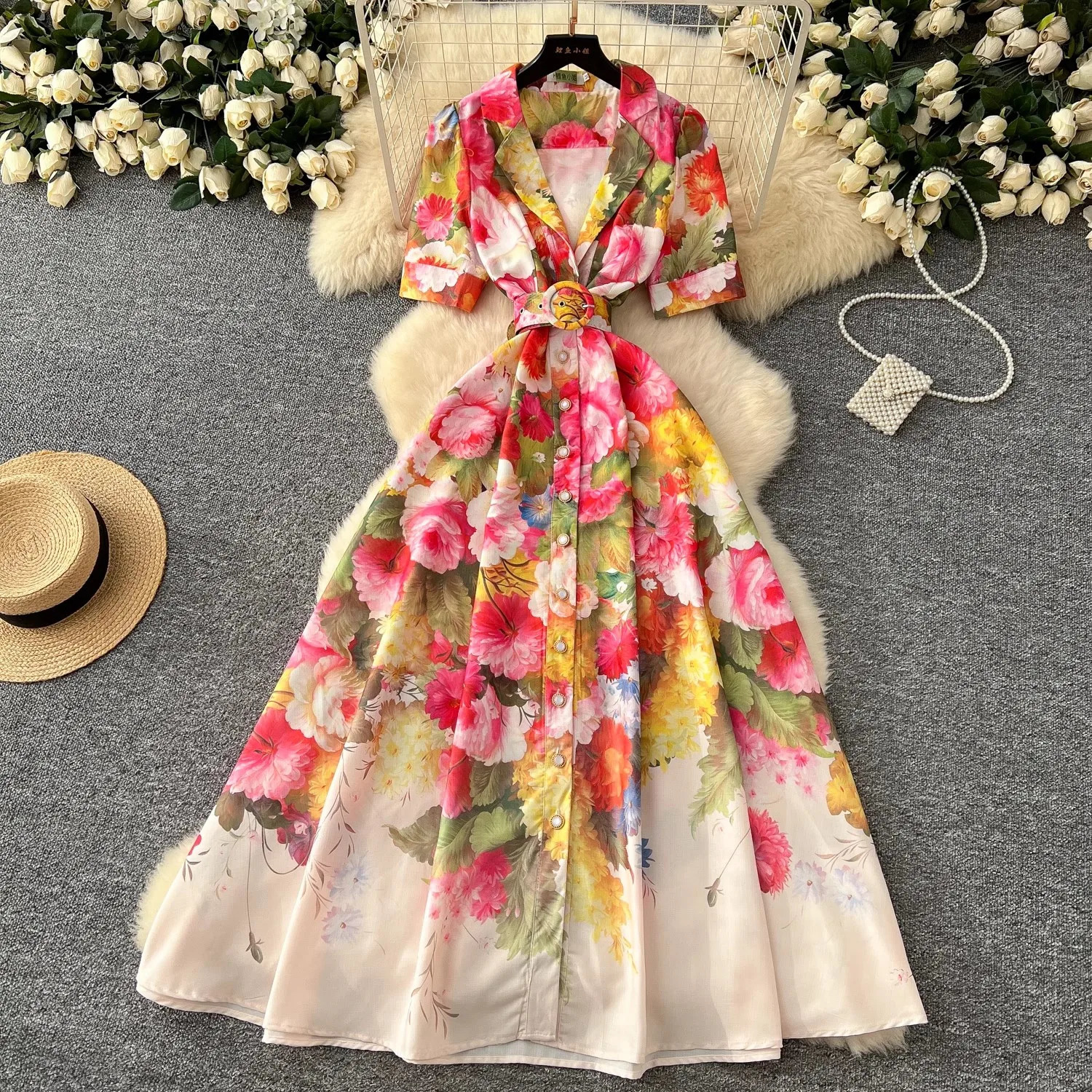 Runway Summer Floral Maxi Dress Shirt Womens Notched Collar Single Breasted Belt Short Sleeve A-Line Print Long Vestidos 260611