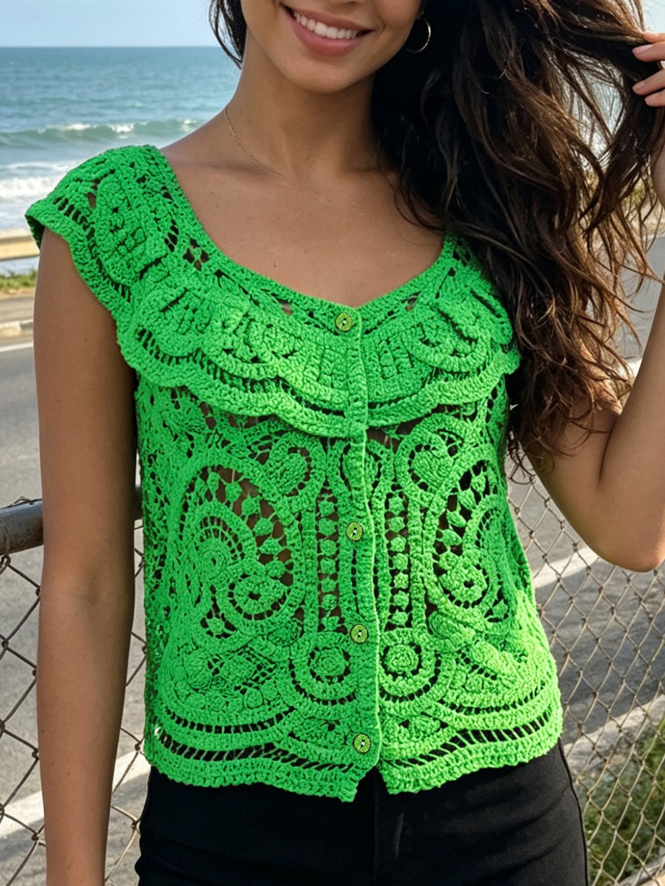 Women's Hollow Out Crochet Knit Top Bright Green Cap Sleeve Button Bohemian Shirt
