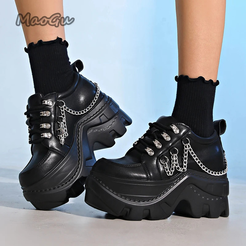 Gothic Punk Chunky Sneakers for Women PU Black Chain Decor Platform Casual Shoes Woman Thick Sole Non Slip Size 3542 260611