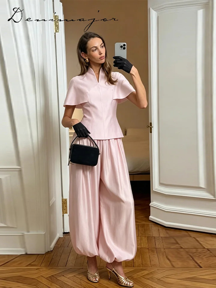 Fashion VNeck Top Lantern Pants Set Womens Solid Short Sleeve Tops Loose Wide Leg Trousers 2026 Summer Lady Casual Outfit 260611