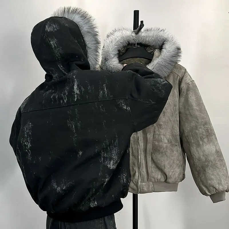Cotton jacket with fur collar eagle embroidered and tie-dyd winter mens design outdoor thick comfortable Q260612