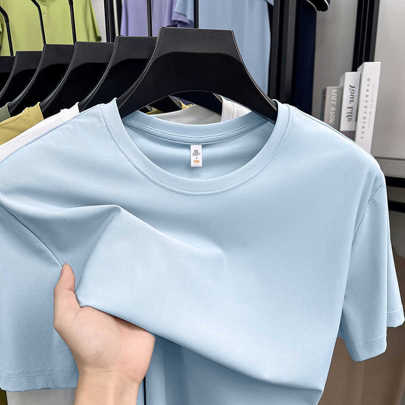 short trend Light sleeve T-shirt high-quality new solid color casual round neck top summer ice silk breathable mens wear M260612