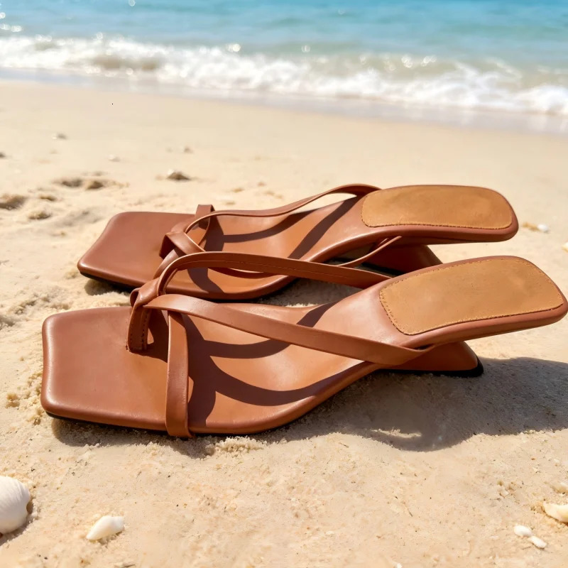Womens Square Toe Thong Wedge Heel Sandals Cross Strap Faux Leather Mules Casual Outdoor Summer Slides Slippers 260612