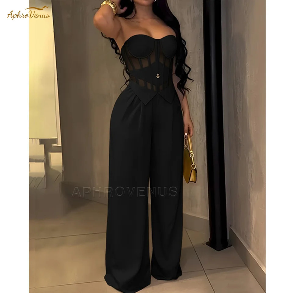 Womens Sexy Strapless Solid Color Jumpsuit Slimming High Waist Wide Leg Long Pants Elegant Party Romper Classy Clubwear Outfit 260611