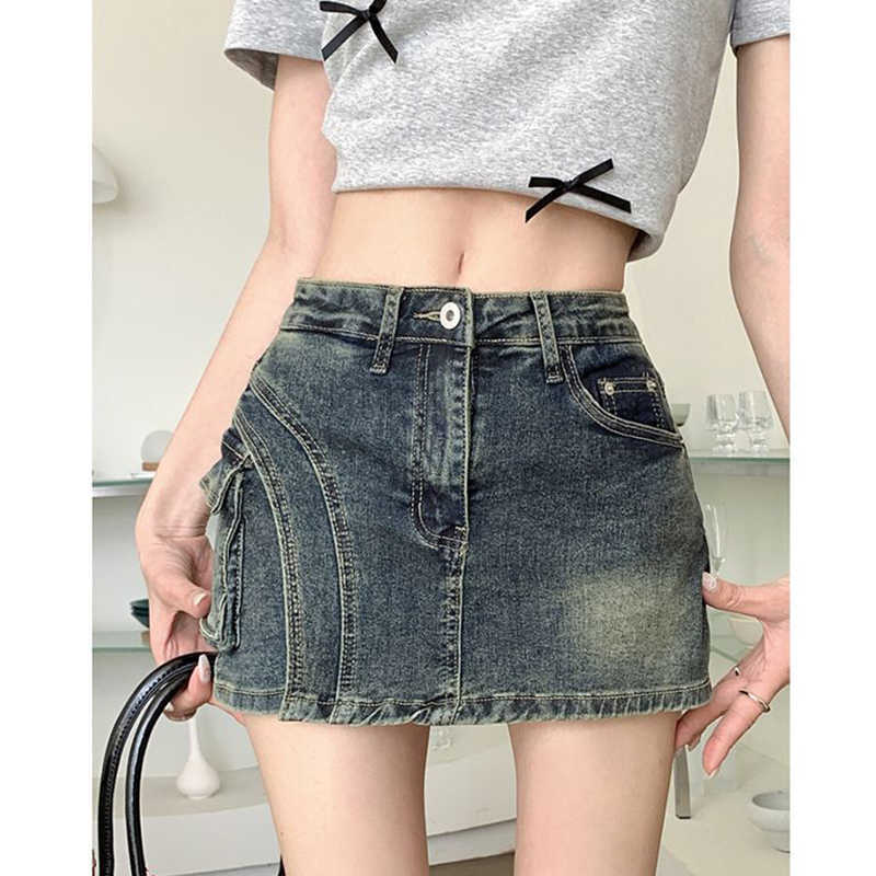 Lady Retro Blue High Summer Waist Thin Jeans Culottess Wrap Hip A-line Mini Skirts Women Fashion Slim Denim Dress M260612