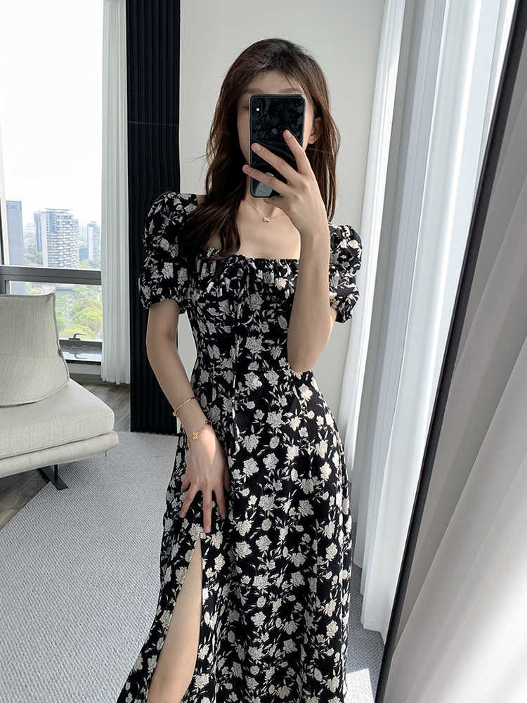 Dresses Casual French Bodycon Black Flower Square Collar Office Midi Chiffon Dress Party Elegant Summer Apparel S260612