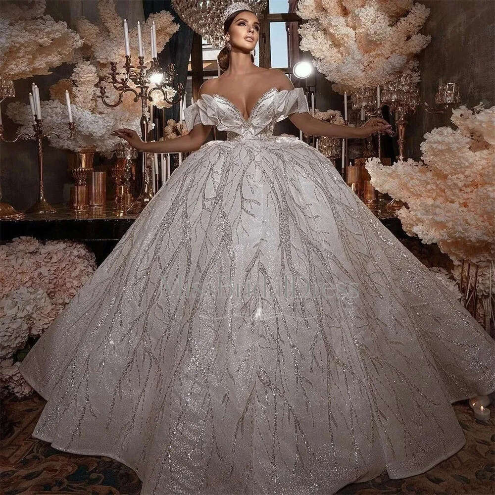 Princess Ball Gown Wedding Dresses Appliques V Neck Sleeveless Off Shoulder Sequins Beads Lace Ruffles Floor Length Sparkling Bridal Gowns Plus Size
