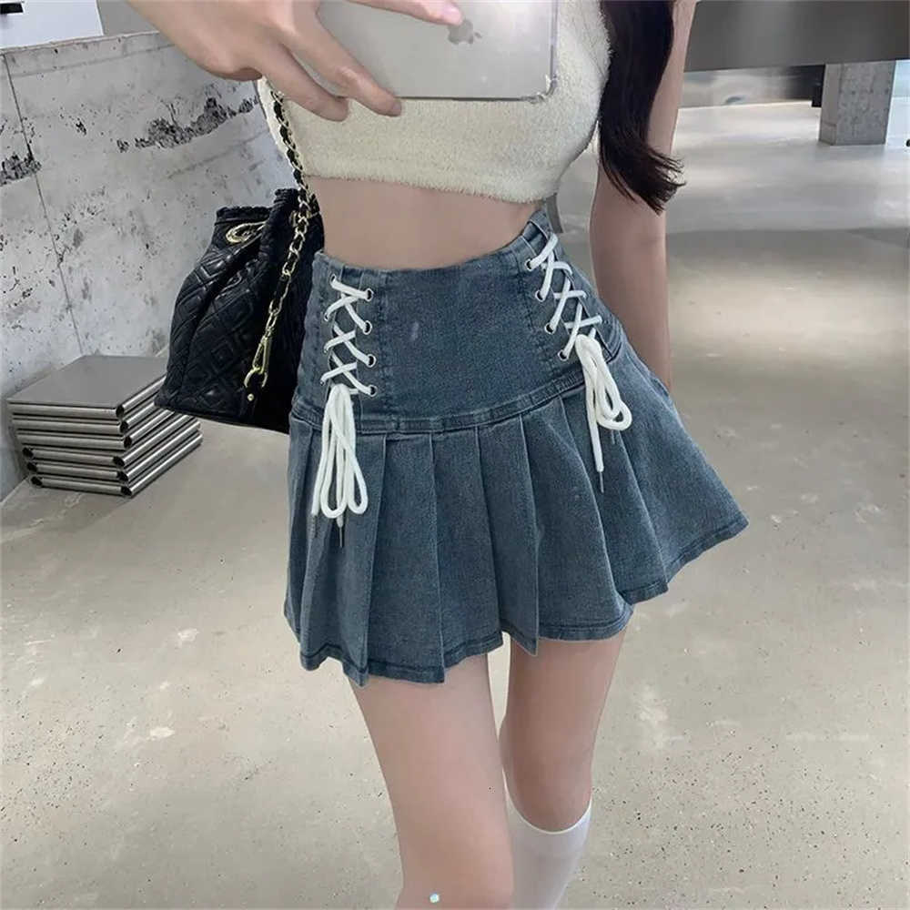 Women Mini Skirts Denim Pleated Cute Lace-Up Chicish Summer Skirt Korean Style Fashion Sexy High Waist Streetwear College M260612