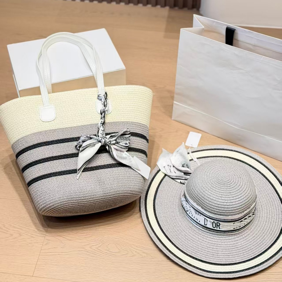 Girls Desiger Straw Beach Bag Shoulder Bags Sun Hat Set Striped Grass Woven Hollow Tote Bag Women's 2pcs Summer Vacation Casual Bags Travel Bag