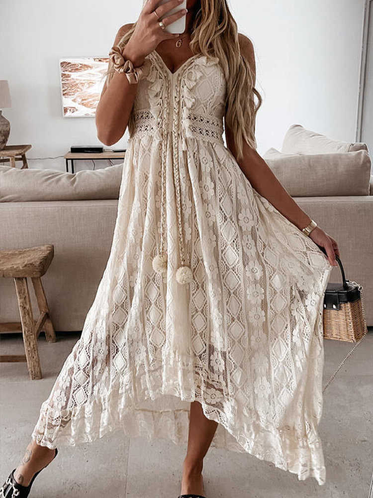Dresses Casual White Lace Long Dress Women Off Shoulder Slveless Sundress Strap Beach Dress Solid V Neck Robe Longue S260612