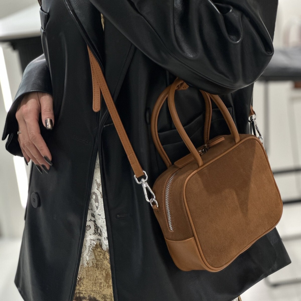 Best seller Autumn and Winter Suede Boston Bowling Genuine Leather Women's Casual Retro Handbag Shoulder Crossbody Bag