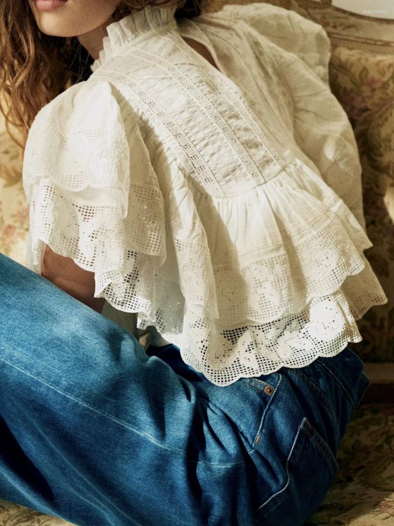 Women's Blouses Cotton Lined Blends Blouse Lace Ruffle Edge Layered Design Ladies Short Pullover Shawl Top For Spring Summer
