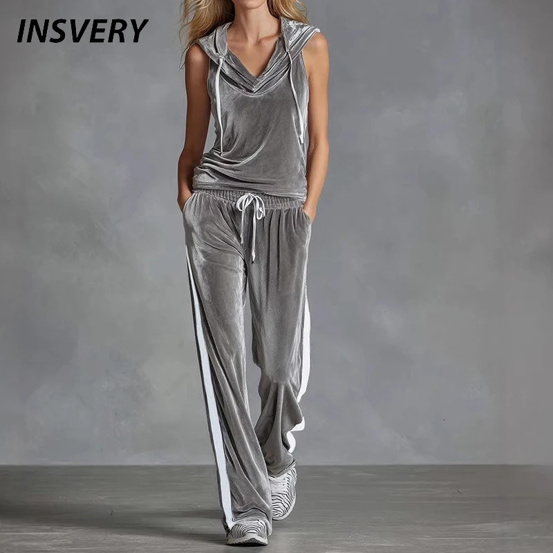 Summer Casual Women Two Piece Set Sleeveless Hooded Top And Long Pants Fashion Solid Color Velvet Tracksuit Suit 260611