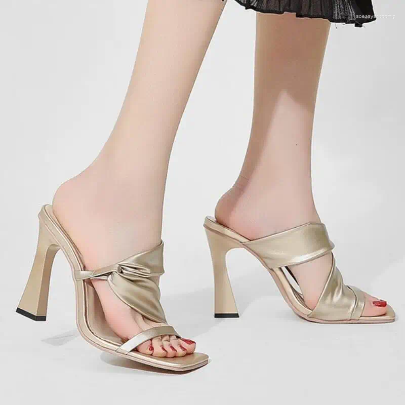 Slippers 2026 Women Party Shoes Summer High Heels Large Size Fish Mouth Fashion Pleated Gold Solid Stiletto Ladies Sandal