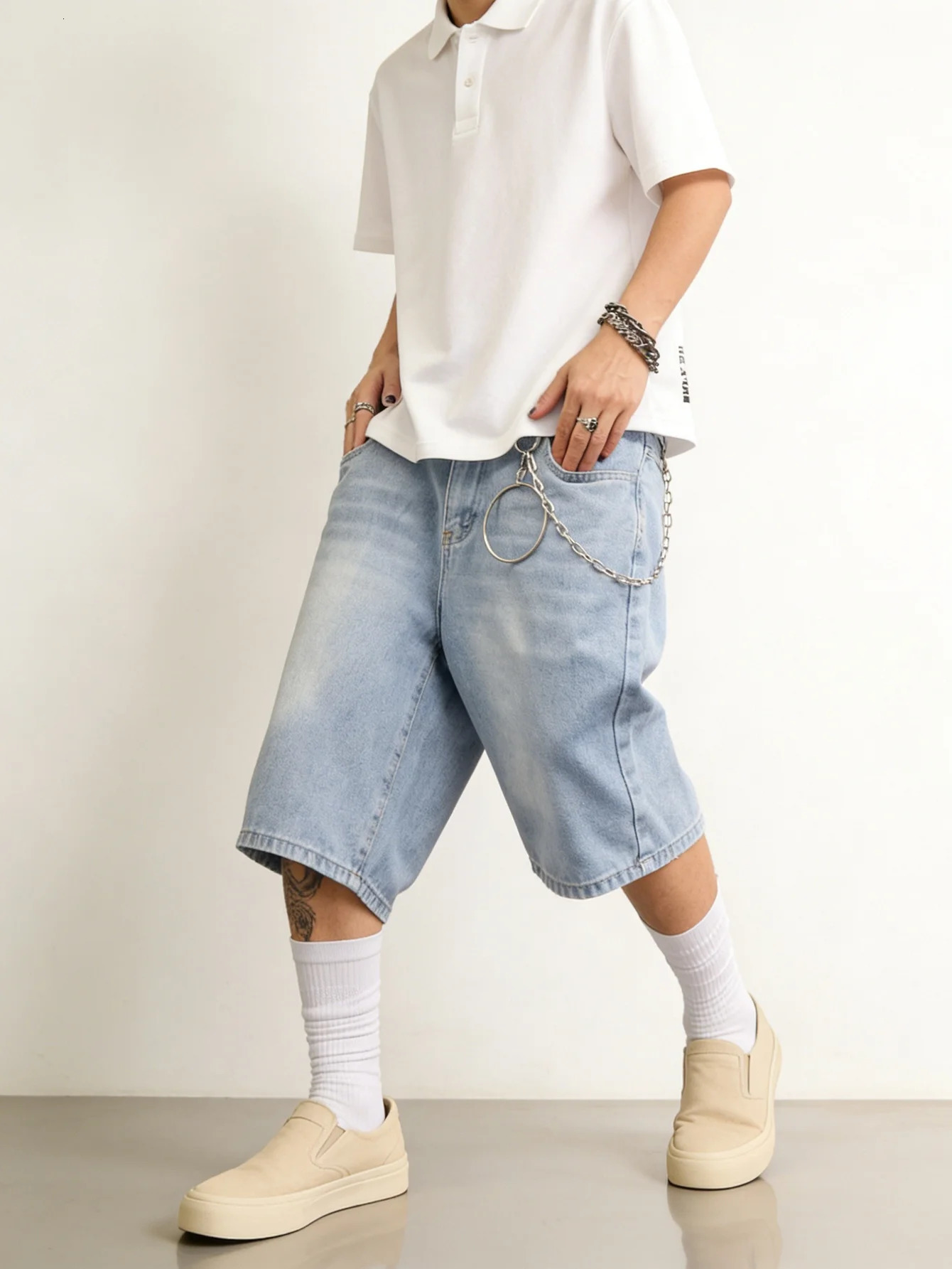 Loose Fit Blue Non Stretch Denim Shorts Men Casual Jorts Solid Color Simple Summer Everyday Outfits 260609BANJIA