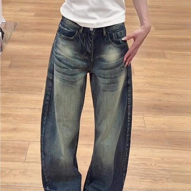 American Style Faded Denim Jeans High Waist Thin Wide Leg Pants Vintage Summer Womens Loose Length Trousers y260604