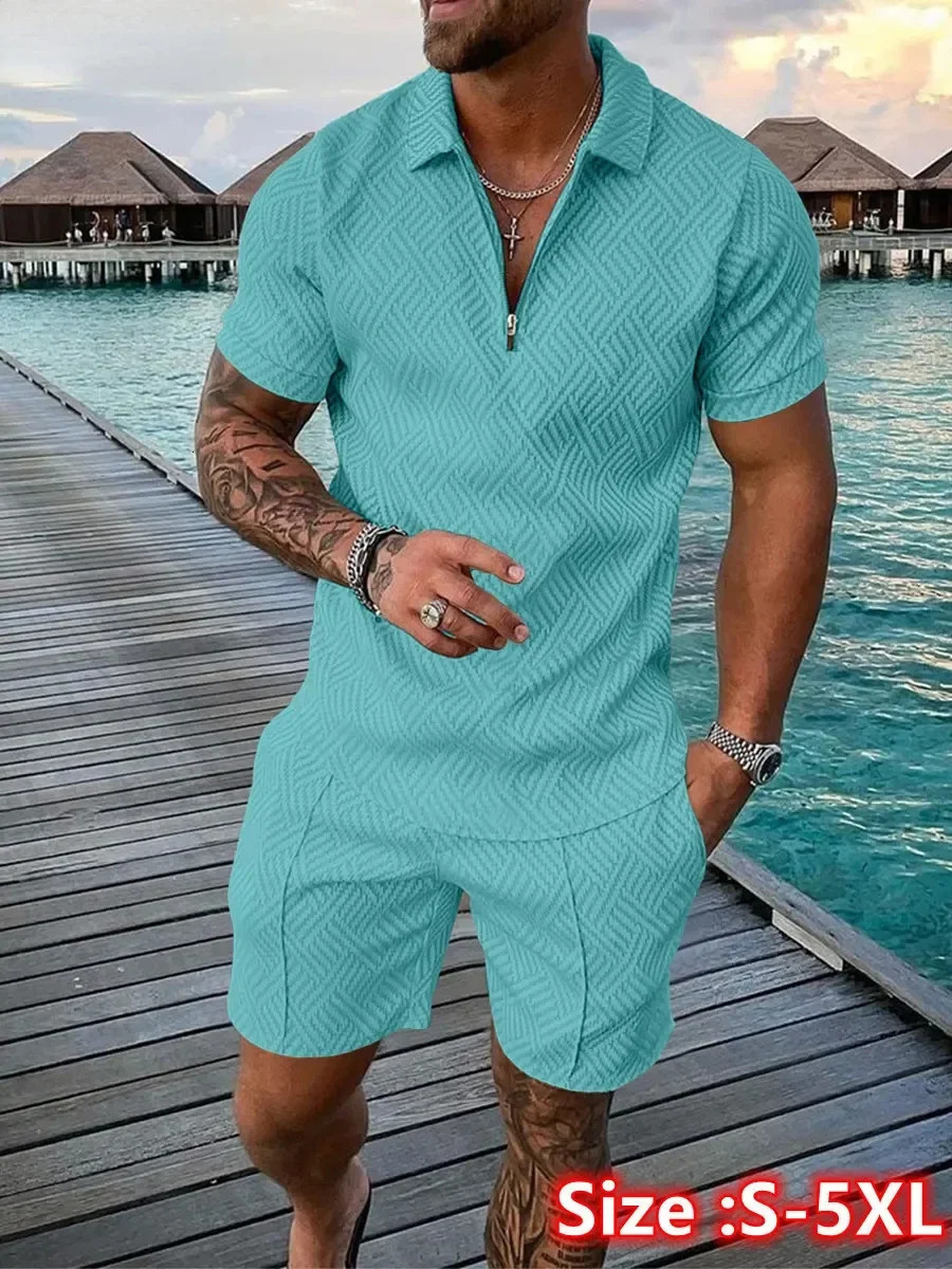 2026 Summer Mens Suit Trend 3D Printing Zipper Polo Shirt Shorts 2 Piece Set Soft Fashion Casual Men Clothing Tracksuit