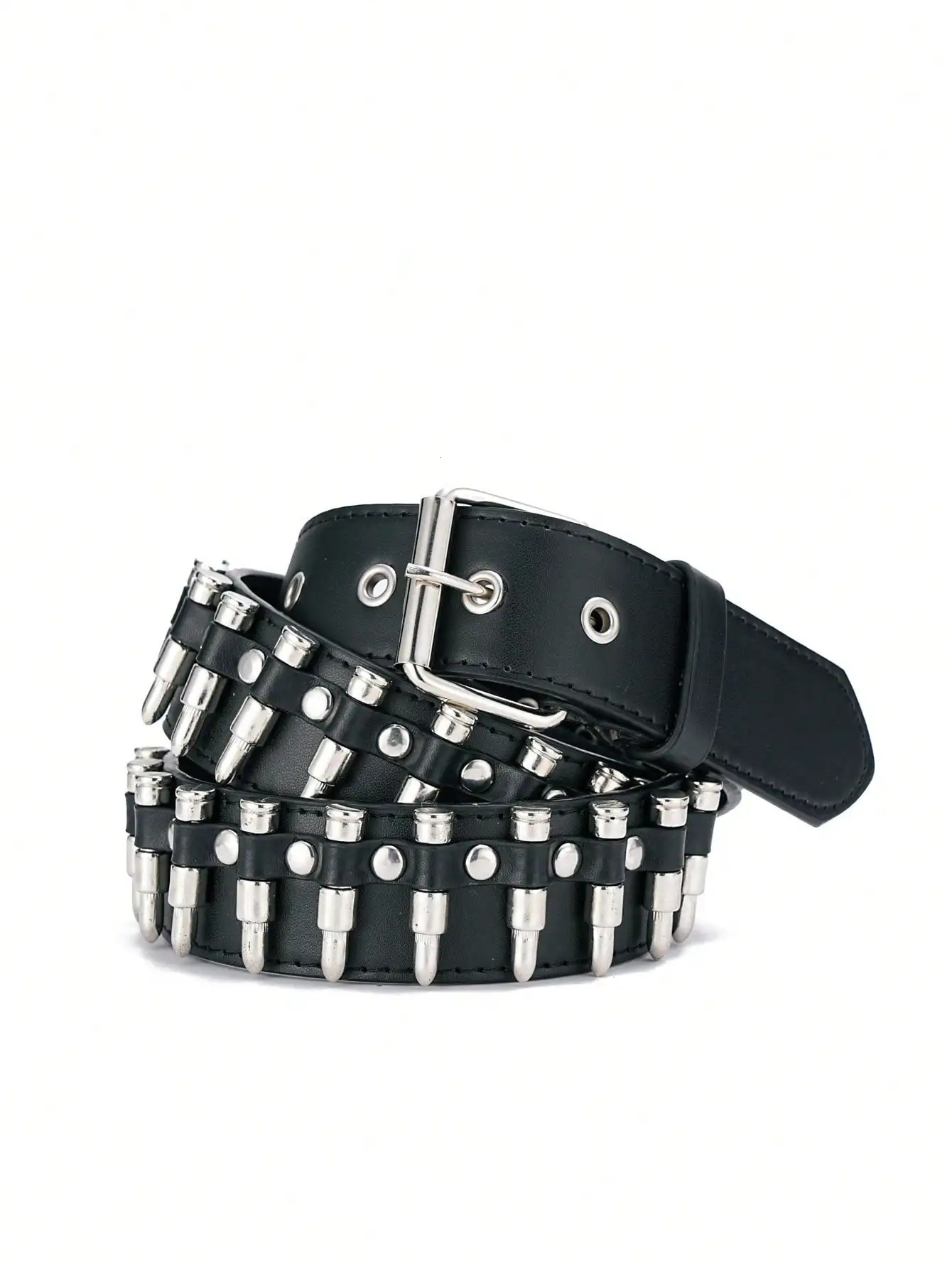 Unisex Bullet Shaped Punk Rock Y2K Style Buckle PU Leather Belt Summer School 260612