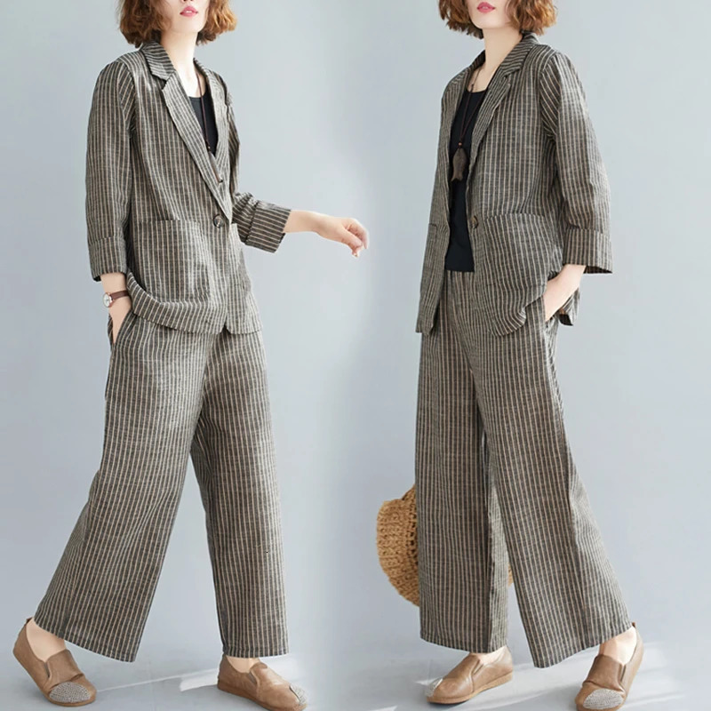 Spring summer style literary leisure cotton linen striped one-button small suit wide-leg pants temperament fashion set women 260610