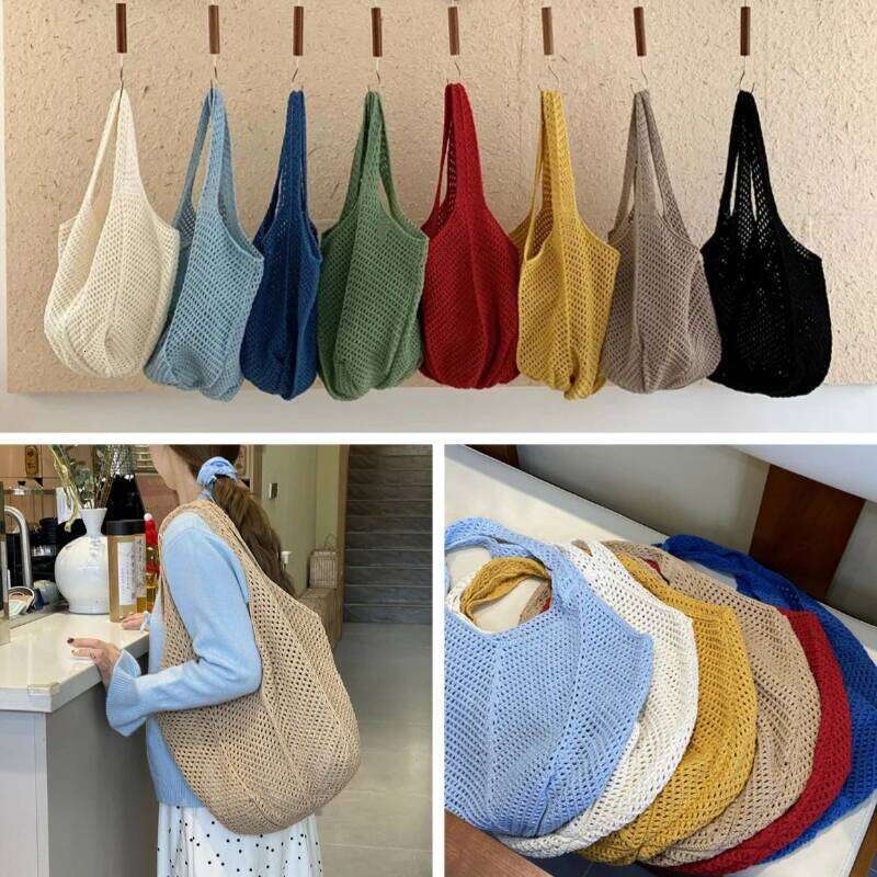 Cross-border Solid Color Large-capacity Summer Seaside Vacation Beach Portable Folding Shoulder Knitted Woven Tote Bag
