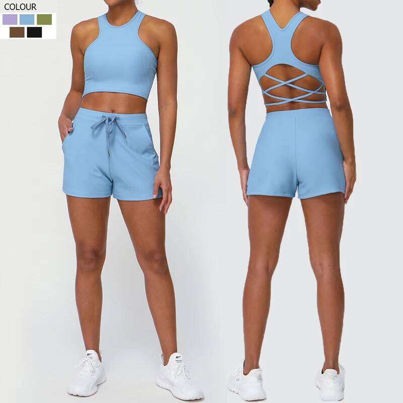 Women Two Pieces Fitness Yoga Set Summer Solid Color Gym Suit Breathable Quick Dry Running Short Sportswear Workout Clothes 26L0612