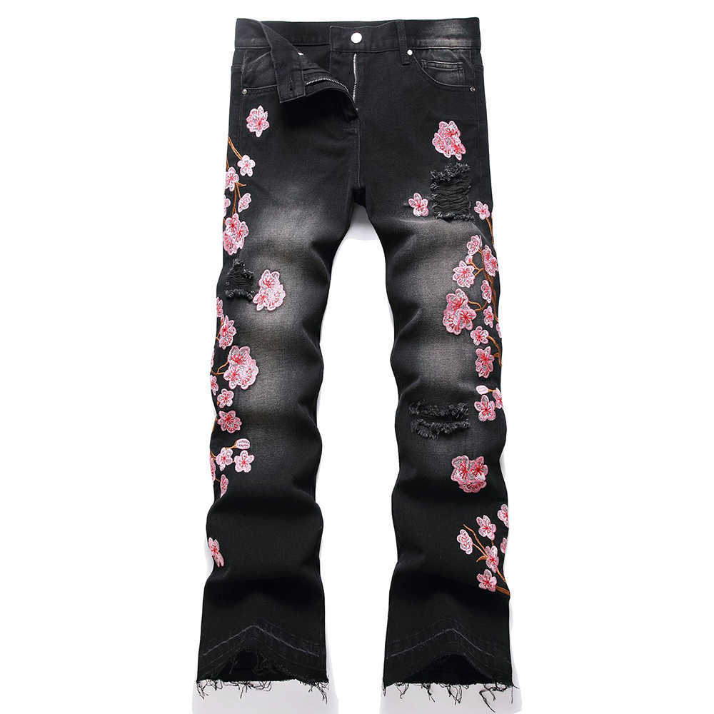 Men Sakura Embroidery Denim Jeans Streetwear Boot Cut Pants Released Hem Flared Trousers with Ripped And Cherry Blossom Design Q260612
