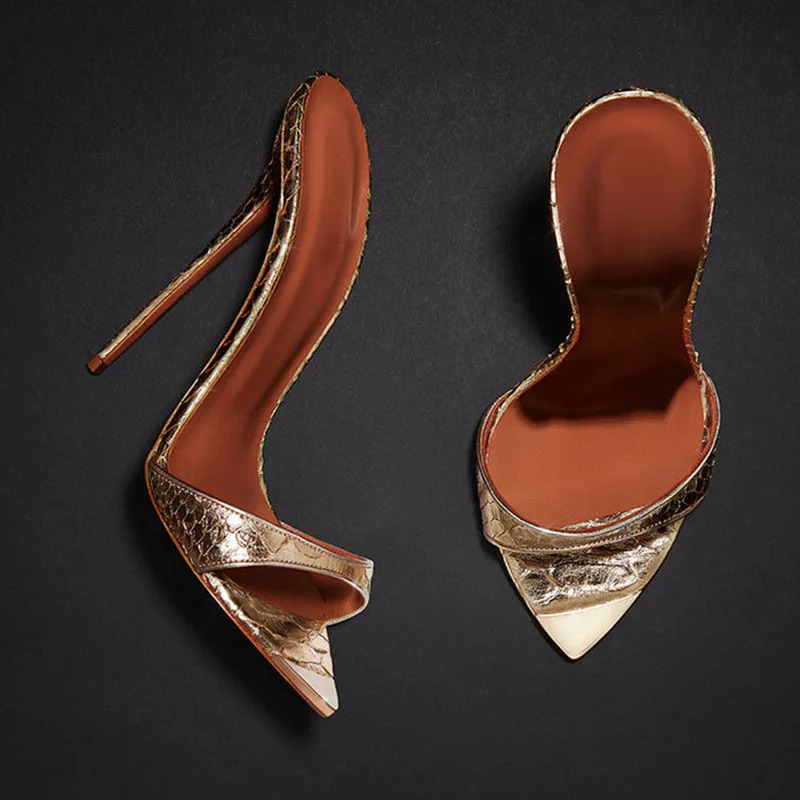 Summer metal pointed toe patent leather PVC sexy fashion slippers thin high heel banquet dress large size womens sandals 260612