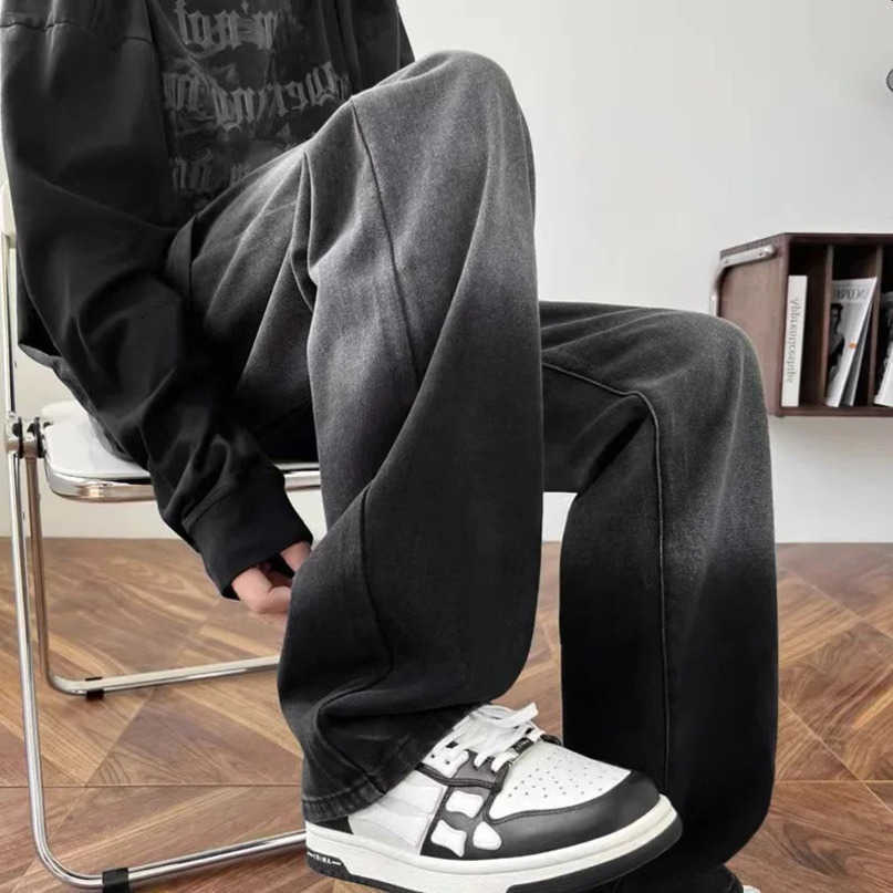 style American black denim mens jeans straight leg loose fit wide casual summer S260612