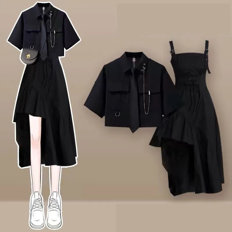 2026 Womens Summer In Fashion Irregular Dress Matching Set Korean Elegant Short Sleeve ShirtStrap Skirt Two Piece Suit 260623