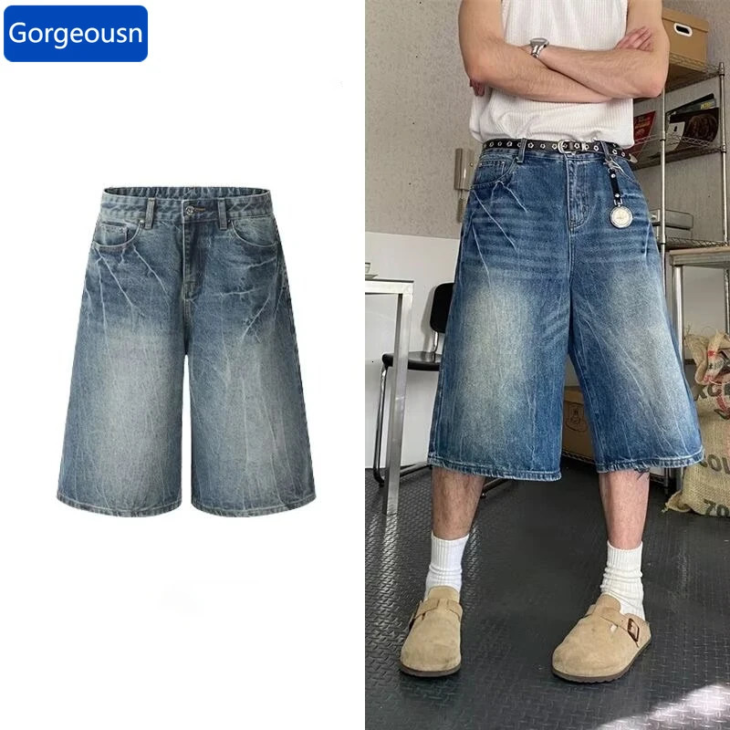 American Retro Washed Lightning Pattern Curved Denim Shorts For Men Y2K Streetwear Straight Jorts Hip Hop Baggy Short Jeans 260612