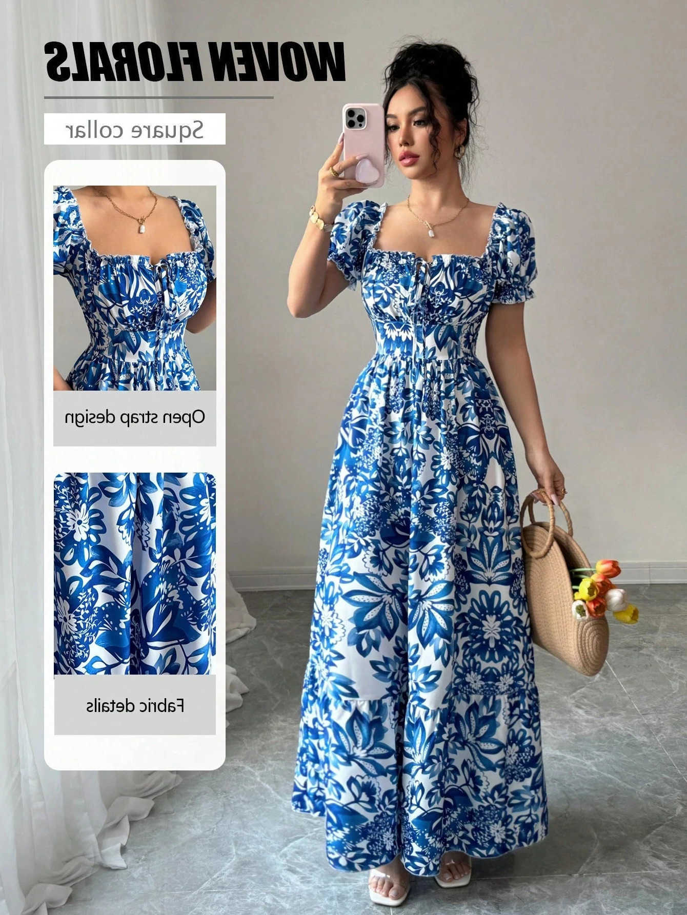 Casual Womens Dresses Puff Slve Floral Print Tie Front Dress Boho Dress Vacation Beach Picnic Date Party Summer Dress S260612