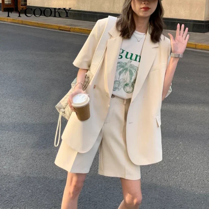 Korean Loose 2 Piece Women Short Set with Blazer Summer Thin Short-sleeved Blazers Shorts Casual Office Ladies Suits 260611