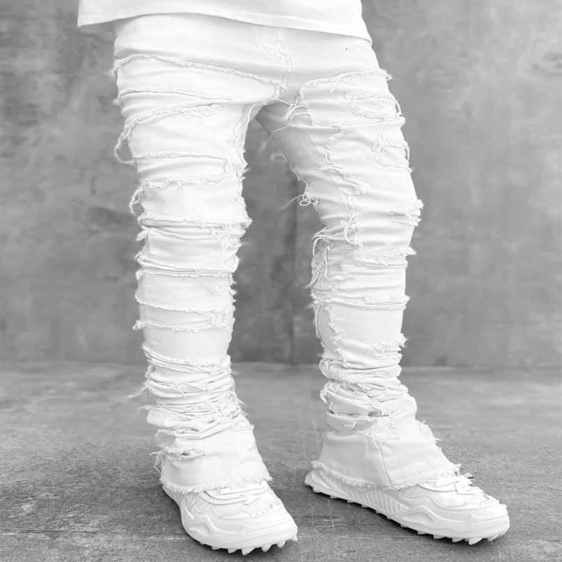 Strt High White Mens Stacked Jeans Stretched Patchwork Tassel Damaged Denim Full Pants Hippop Trousers For S260612