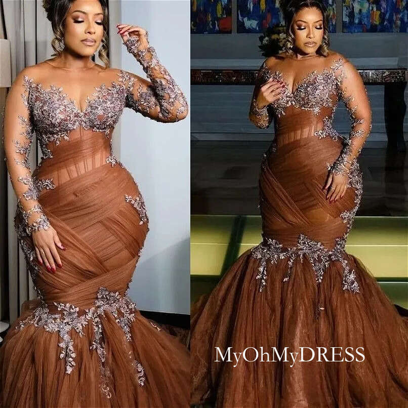 Plus Size Chocolate Illusion Mermaid Prom Dresses Special Occasions Lace Tulle Evening Party Birthday Gowns Dress For Women Vestidos De Novia Y612