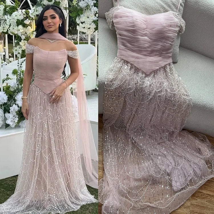 Plusieurs couleurs, épaules dénudées, taille froncée, paillettes, ligne A, châle, robe de soirée, bal de promo, cocktail, formel, élégant, sexy,